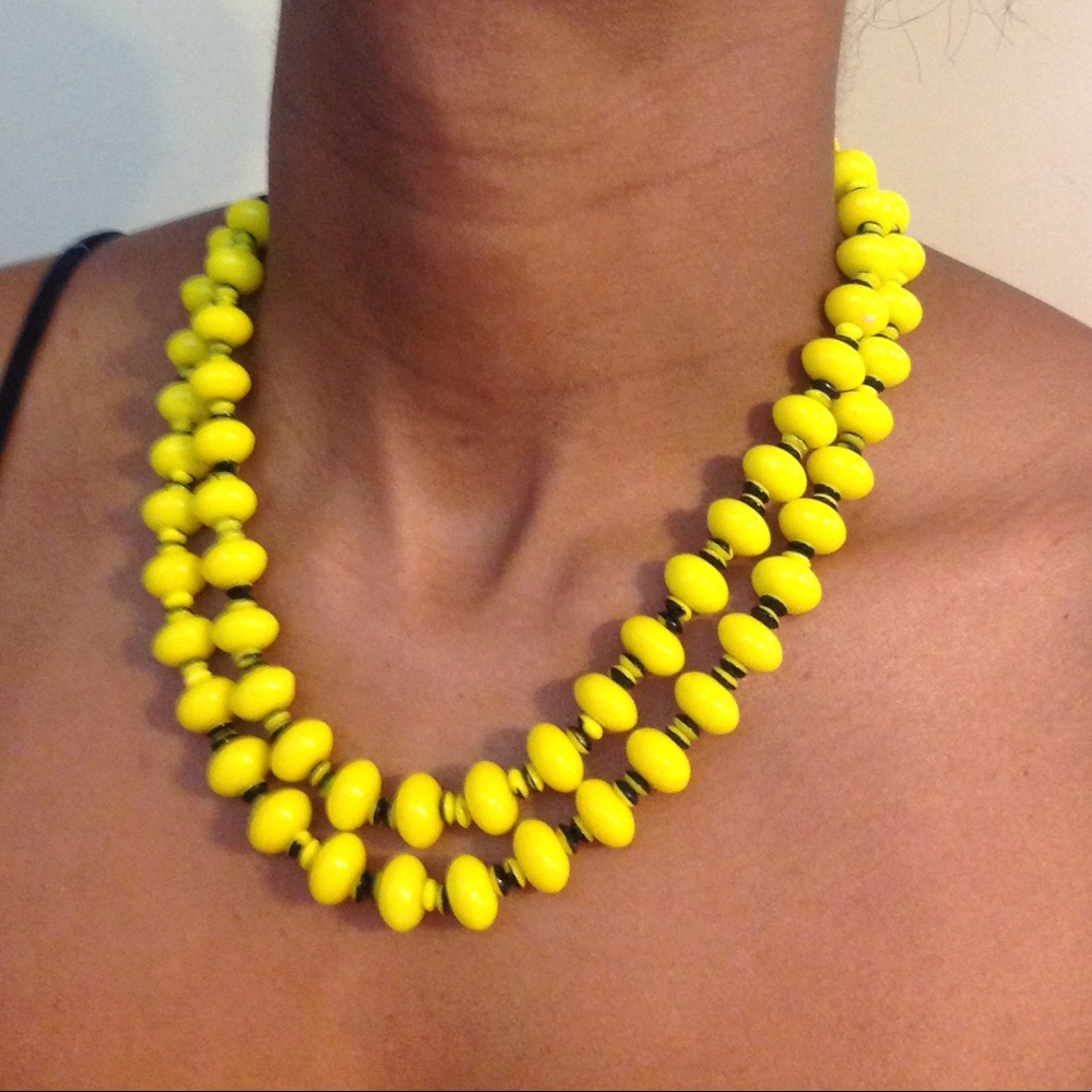 Vintage Yellow Glass Beaded Necklace Double Strand
